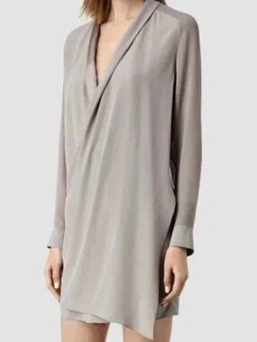 All Saints Womens 4 Lucas Shirt Dress Silk Long Sleeve Gray Minimalist V-Neck